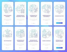 Mobility services blue gradient onboarding mobile app screen set. Transport walkthrough 5 steps graphic instructions with linear concepts. UI, UX, GUI template. vector