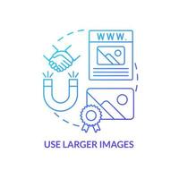 use imágenes más grandes icono de concepto de degradado azul. hacer una ilustración de línea delgada de idea abstracta de sitio web profesional. optimización de fotos. atraer visitantes. dibujo de contorno aislado. vector