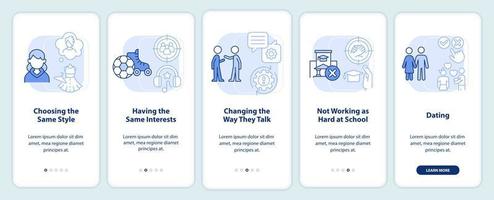 Peer pressure of being teen light blue onboarding mobile app screen. Walkthrough 5 steps editable graphic instructions with linear concepts. UI, UX, GUI template. vector