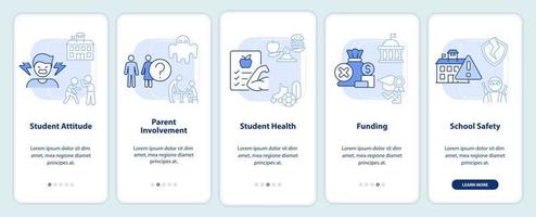 Problems in public schools light blue onboarding mobile app screen. Walkthrough 5 steps editable graphic instructions with linear concepts. UI, UX, GUI template. vector