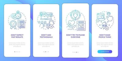 Donts for website success blue gradient onboarding mobile app screen. Walkthrough 4 steps graphic instructions with linear concepts. UI, UX, GUI template. vector