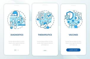 Pandemic preparedness clinical study blue onboarding mobile app screen. Walkthrough 3 step editable graphic instructions with linear concepts. UI, UX, GUI template. vector