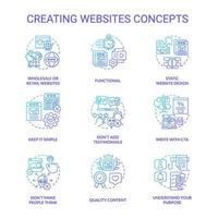 Creating websites blue gradient concept icons set. Learning web development idea thin line color illustrations. Quality content, design. Isolated symbols. vector