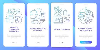 MaaS perks blue gradient onboarding mobile app screen. Mobility services walkthrough 4 steps graphic instructions with linear concepts. UI, UX, GUI template. vector