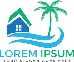 Vector house and palm tree logo with blue waves. Beach house logo design.