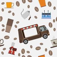 Editable Mobile Coffee Van Shop With Espresso Machine and Brewing Equipment Vector Illustration Seamless Pattern in Flat Style for Creating Background of Cafe Related Concept Purposes