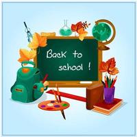 Back to school icon with blackboard, student items vector