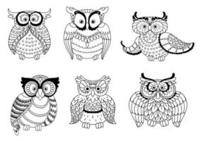 Decorative colorless owls and cute owlets vector