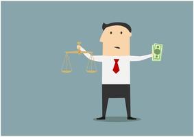 Businessman with justice scales and money vector