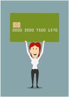 Businesswoman holding credit card above head vector