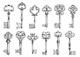 Vintage keys sketches with swirl forging vector