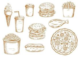 Sketches of fast food and drinks vector