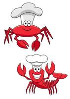 Cartoon red crab and shrimp chefs in cook hats vector