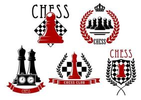 Chess game icons with boards, clock and pieces vector