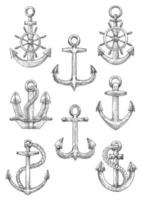 Engraving sketched anchors with helms and ropes vector