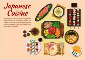 Mariscos y platos de carne de icono de la cocina japonesa. vector