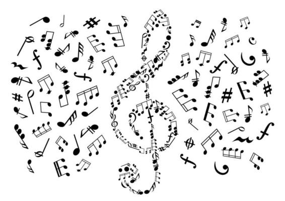 Treble clef with notes among musical symbols
