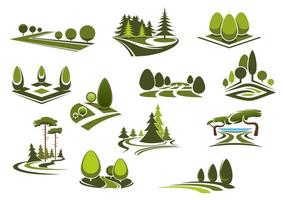 iconos de paisajes de bosques, parques públicos y jardines vector