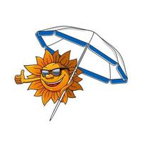 personaje de dibujos animados sol con paraguas vector