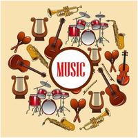 Music poster. Wind and strings musical instruments vector