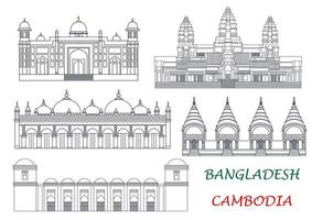 Travel landmarks of Cambodia and Bangladesh icons vector