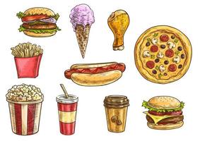 Fast food snacks and drinks icons sketch set vector