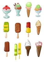 conos de helado, postres sundae y paletas vector