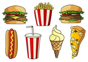 Pizza, burger, hot dog, french fries, ice cream vector