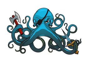 Cartoon octopus pirate with axe and sword vector
