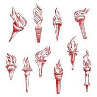 Red flaming torches sketch icons vector