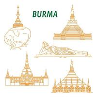 Ancient buddhist temples of Burma thin line icons vector