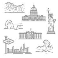 hitos nacionales de los iconos de estados unidos en estilo de línea delgada vector