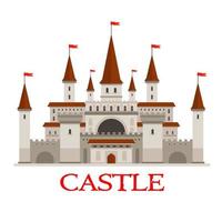 Medieval castle or fortress with red flags icon vector