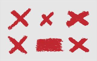 Set of red vector wax crayon cross check mark isolated on white background, Vector hand painting brush chalk texture design elements