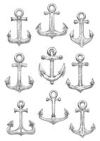 Engraving sketched sailing ships anchors icons vector