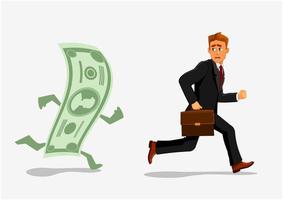 Businessman escaping dollar, running from banknote vector