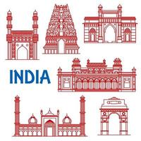 puntos de referencia de la arquitectura de línea delgada de los iconos de la india vector