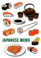 Japanese sushi, grilled prawns, soy sauce and tea vector