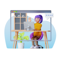 young woman communicates via video call 3d character illustration png