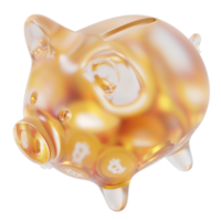 bitcoin btc sparschwein aus glas mit abnehmenden stapeln von kryptomünzen. einsparung von inflation, finanzkrise und verlust von geldkonzept 3d-illustration png