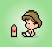 pixel baby boy sentado con sus juguetes. ilustración de un lindo bebé con un sombrero. vector