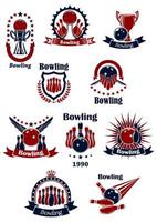 Bowling retro icons with balls and ninepins vector