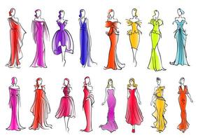 Fashion models in colorful dresses, sketch style vector