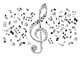 Musical notes and symbols in shape of treble clef vector