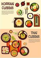 exóticos platos orientales de la cocina coreana y tailandesa vector