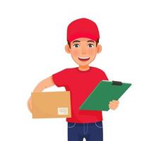 joven repartidor o servicio de mensajería con uniforme de gorra roja con paquete de caja y documento de portapapeles para firmar vector