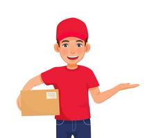 young delivery man or courier service with red cap uniform holding box package showing hand sign gesture for copy space vector