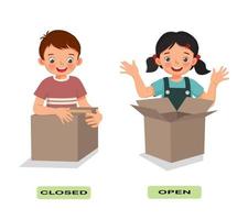 Opposite adjective antonym English words open closed illustration for kids explanation flashcard with text label vector