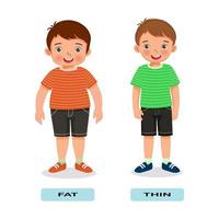 Opposite adjective antonym English words fat thin illustration for kids explanation flashcard with text label vector