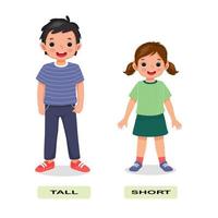 Opposite adjective antonym English words short tall illustration for kids explanation flashcard with text label vector